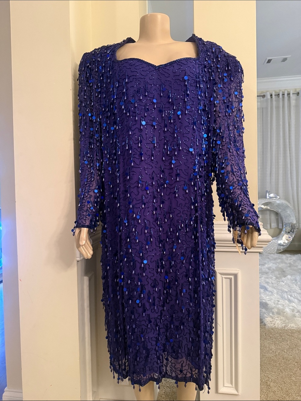 Elegant Royal Blue Beaded Sequin Evening Dress (NWT)